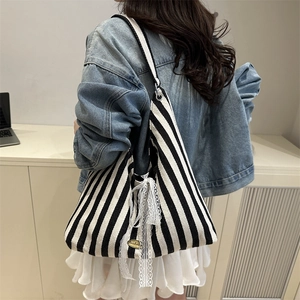 Striped canvas tote bag with lace bow and gold handmade plaque for women daily commute