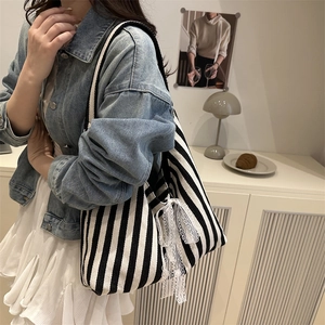 Striped canvas tote bag for women with lace ribbon bow and large capacity for daily use