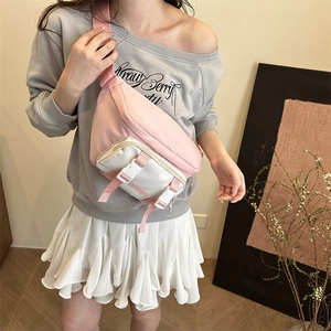 Pink and white color block crossbody chest bag for men and women with adjustable straps