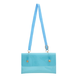 Himmelblaue transparente PVC Schultertasche mit goldfarbenen Schnallen und Gurt