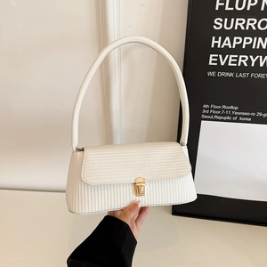Women Minimalist Underarm Bag French Style PU Leather Woven Texture Shoulder Bag Gold Metal Clasp Fashion Baguette Bag