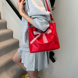 Vintage red large capacity shoulder bag with white lace bow and adjustable strap