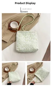 Detailed macro view of the delicate white lace pattern on a light green shoulder bag