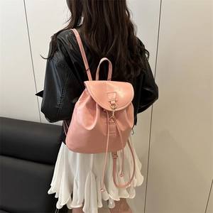 Pink PU leather mini backpack with flap closure and drawstring for women casual travel
