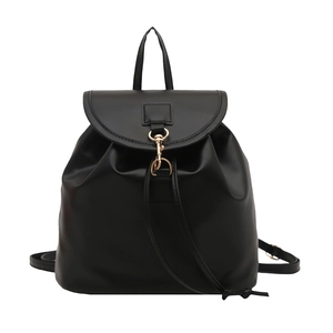 Minimalist black PU leather backpack for women featuring elegant gold buckle and top handle