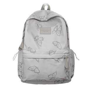 Light gray butterfly pattern backpack with water resistant fabric and zip front pocket