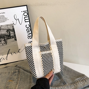 Women Mini Woven Tote Bag Simple Colorful Striped Handbag With Metal Snap Button Casual Polyester Knitting Shoulder Purse