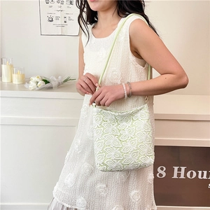 Pastoral lace tote bag for women featuring floral butterfly patterns and green lining