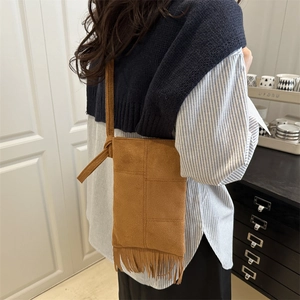 Vintage brown suede mini crossbody bag with fringes and checkered patchwork design for women