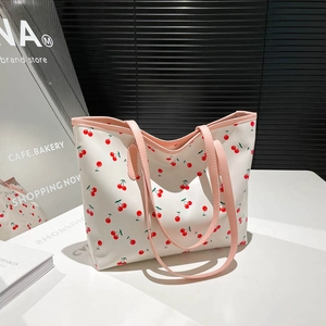 Women Large Capacity PU Leather Printed Tote Bag Urban Fresh Shoulder Bag For Work Casual Daily Cherry Heart Bow Strawberry Pattern