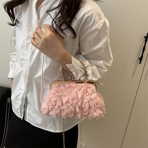 Elegante pochette da sera rosa floreale con manico dorato e catena per feste e matrimoni
