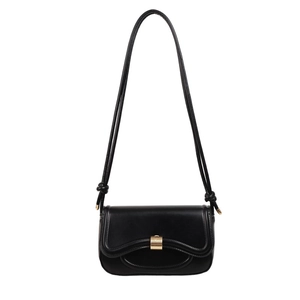Minimalist black rectangular shoulder bag with elegant curved flap and gold metal buckle