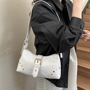 Chic white large capacity tote bag with rivets and gold buckle for women
