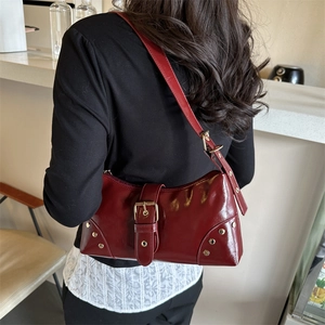 Vintage dark red patent leather tote bag with gold rivets and buckle for women