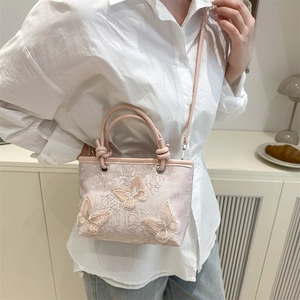 Pink Chinese style embroidery bucket bag with 3D butterflies and lace texture