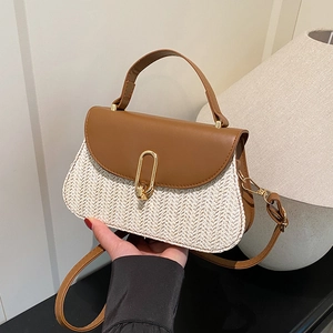 Women Retro PU Leather Straw Woven Crossbody Bag Vacation Style Small Square Handbag With Gold Metal Lock Khaki White Black