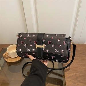 Sac Sous le Bras Baguette Rétro pour Femme en Cuir PU Motif de Vieilles Fleurs Boucle Métallique Sac à Bandoulière Sac à Main Élégant