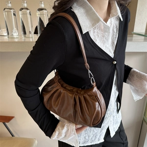 Minimalist coffee brown pleated cloud shoulder bag in soft leather for women summer fashion
