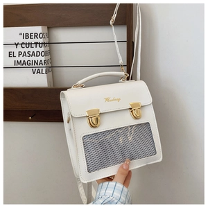 Detail of white leather backpack with gold buckle closures and transparent mesh front pocket