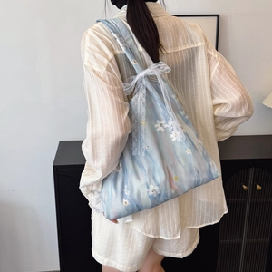 Light blue floral embroidered lace tote bag with bow detail for women in fresh style
