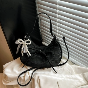 Minimalistische Schleife Hobo Tasche Für Damen Süße Retro Stil Halbmond Schultertasche Mit Künstliche Perle Spitze Anhänger PU Leder Handtasche