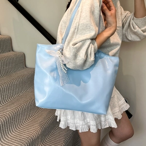 Minimalist light blue large capacity tote bag with lace bow and pearl charm for daily commute