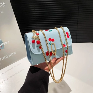 Women Sweet Cherry Print Saddle Crossbody Bag Small PU Leather Shoulder Bag With Metal Chain Strap Daily Casual Bag