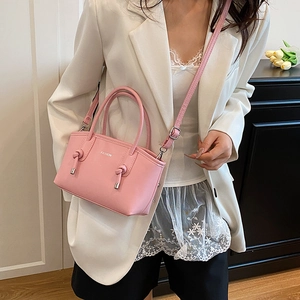 Sac à main carré en cuir rose avec imprimé FASHION et détails de nœuds pour femme