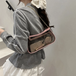 Elegante borsa a spalla in PVC trasparente con bordo in pelle rosa e catena oro