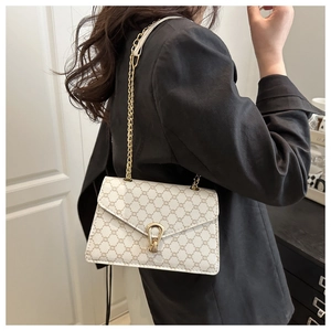 Détail d'un sac bandoulière vintage avec fermoir doré circulaire et chaîne métallique
