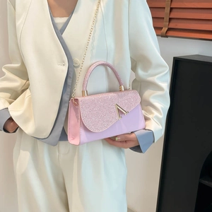 Chic pink sequin small square bag with V-shaped metal buckle and gold chain strap