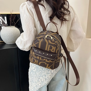 Vintage brown logo print backpack for women with large capacity and rivet detail