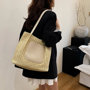 Large straw tote bag with leather patch and rope handles for women summer casual style