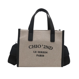 Grand sac cabas en toile avec garniture en cuir noir et bandoulière amovible pour femmes