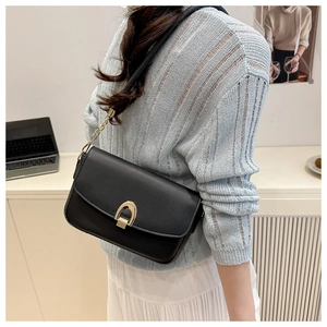 Close-up of black leather crossbody bag featuring gold horseshoe buckle and chain strap
