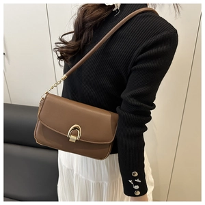 Detail of elegant brown faux leather handbag with golden horseshoe buckle and chain strap