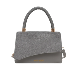 Chic gray contrast handbag with woven flap, top handle and gold-tone metal hardware for women