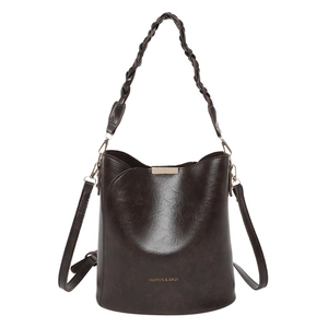 Retro dark brown bucket bag with woven handle and removable shoulder strap for women