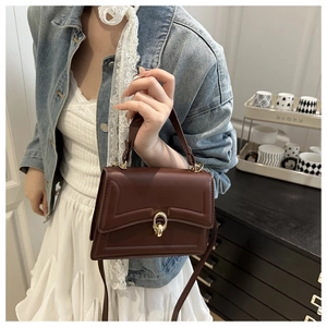 Detail view of brown leather crossbody bag featuring an elegant golden oval buckle closure