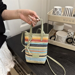 Women Straw Woven Rainbow Stripe Phone Bag Mini Crossbody With Faux Leather Handle Shoulder Strap For Summer Beach Vacation