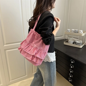 Pink plaid canvas tote bag with ruffled lace details and large capacity for women