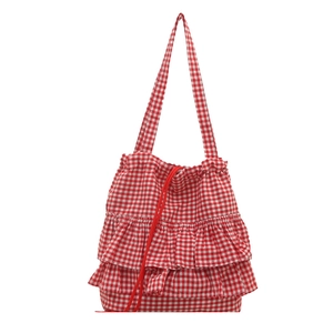 Cute red and white checkered canvas tote bag with ruffled layers and drawstring closure