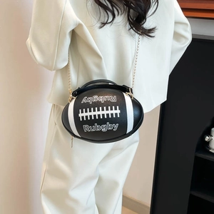 Creative black and white rugby shaped crossbody bag with metallic chain and top handle