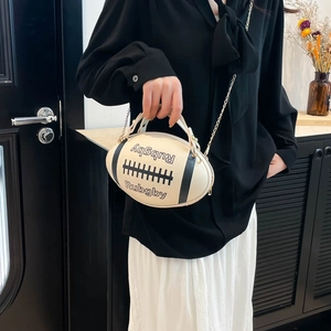 Rugby shaped cream white crossbody bag with gold chain strap and top handle for women