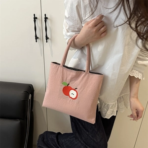 Pink nylon tote bag with cute apple embroidery for students, spacious casual shoulder bag