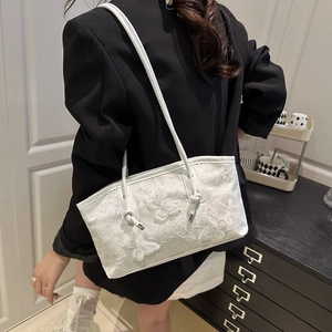 Elegant white lace tote bag with 3D butterfly embroidery and slim shoulder straps