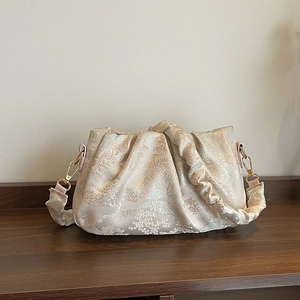 New Chinese Style Ruched Shoulder Bag For Women Vintage Jacquard Fabric Cloud Bag Sequin Evening Pouch Bag Floral Pattern