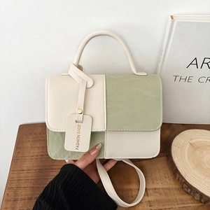 Korean Fashion Color Blocking PU Leather Crossbody Bag Women Small Square Handbag With Adjustable Strap For Daily Commuting