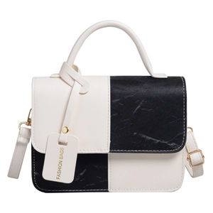 Minimalist black and white contrast square handbag with marble texture and top handle