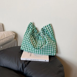 Korean Style Gingham Checkered Tote Bag Large Capacity Nylon Women Shoulder Bag With Bow Detail Casual Travel Handbag
